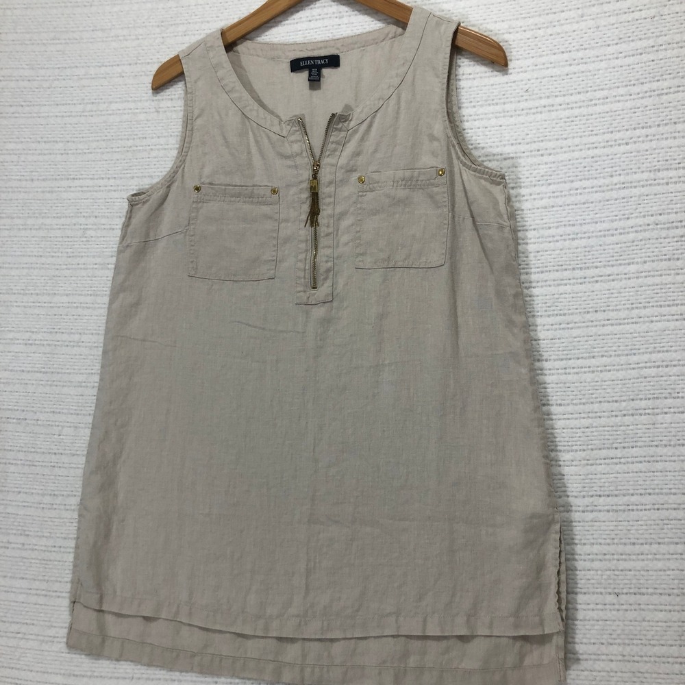 Ellen Tracy Linen Tank Top Sleeveless Casual Tunic Shirt Beige‎ Medium